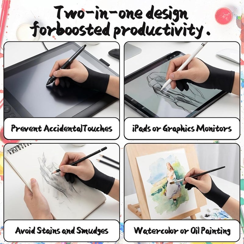 Pretwad 2-Pack Artist Drawing Gloves - Two-Finger Digital Drawing Glove, Graphics Painting Glove Palm Rejection, Artist-Drawing Tablet Gloves for Graphic Tablets & Paper Sketching Fit for Left & Right Hand - Image 3